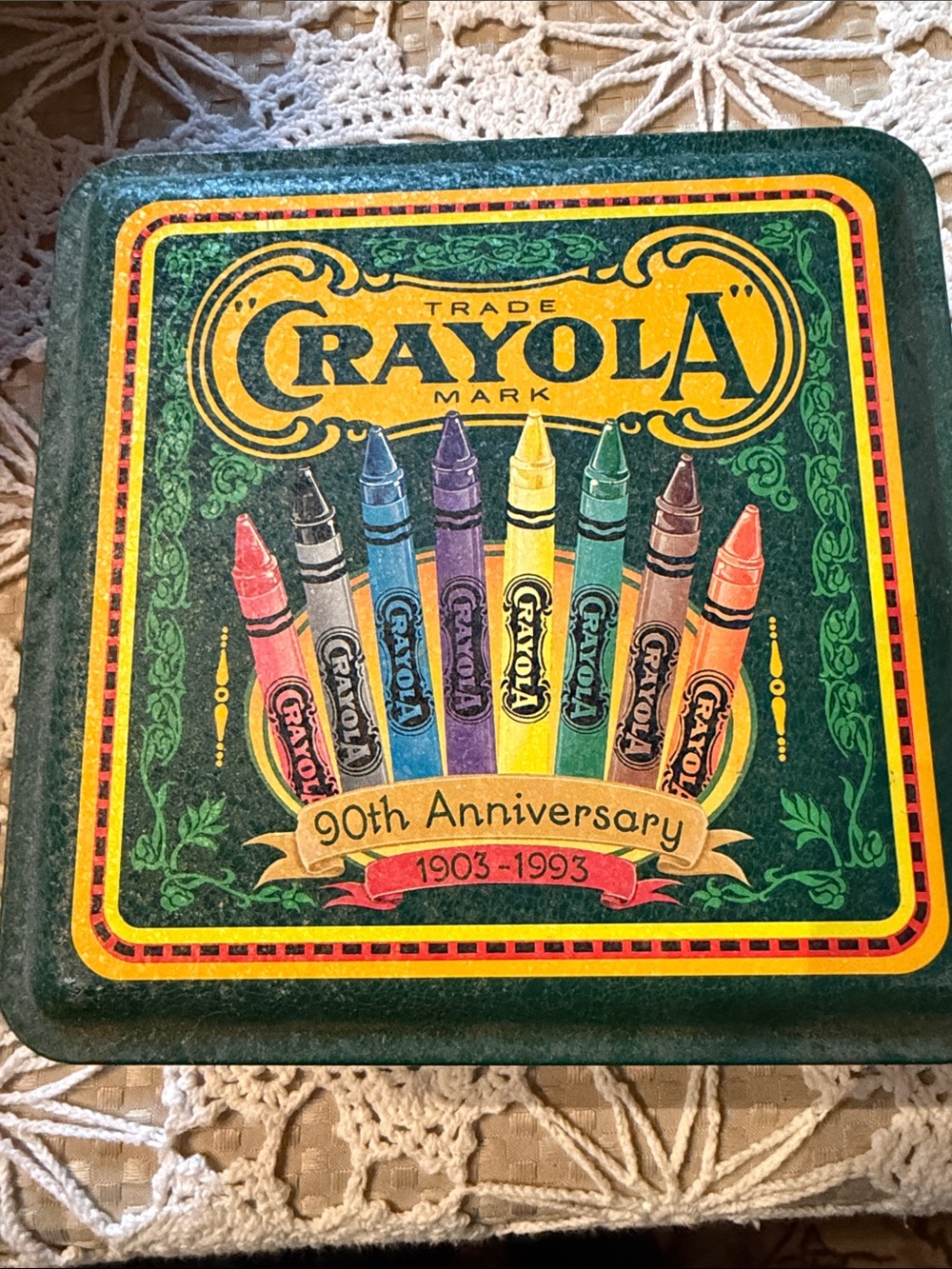 Crayola Vintage 90th Anniversary Decorative Tin - Green with Multicolor Crayons